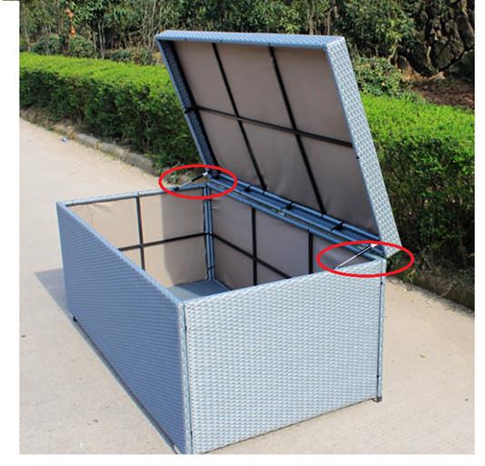 Outdoor cushion storage box with Storage Box Lid Gas Struts supporting the open lid Outdoor cushion storage box with Storage Box Lid Gas Struts supporting the open lid